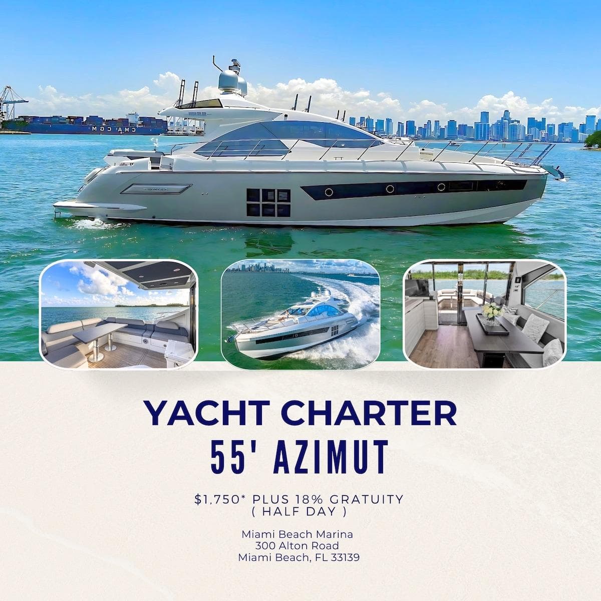 Luxury 55' Azimut docked at Miami Beach Marina. Includes captain, first mate, fuel, cooler, ice, water, plates, utensils, & floating mat. Huge sunbathing area, premium sound, sunroof. 18% gratuity. No red wine, smoking, spray tan, or glitter lotion.